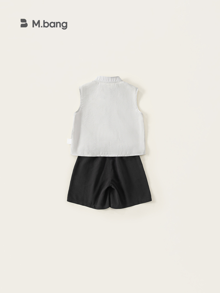 Youbao ropa para niños nuevo traje de estilo chino para niños, top sin mangas con cuello alto de estilo nacional, pantalones cortos bordados de color sólido, traje de dos piezas para niños