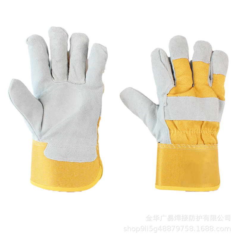 牛皮耐磨短款电焊手套焊工手套蓝布加厚加绒防滑防烫保暖劳保手套