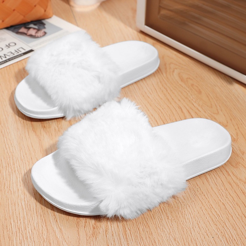 Factory Direct Sales 2023 New Girls Flats Cotton Slippers Artificial Rabbit Fur Fluffy Comfortable Plush Winter Women's Shoes