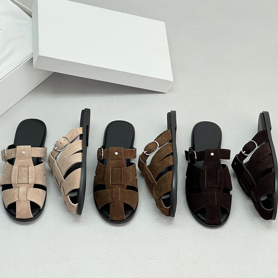 ¡Minimalismo retro! Francia T & R trenzado zapatillas de verano nuevo hueco con hebilla plana zapatillas romanas