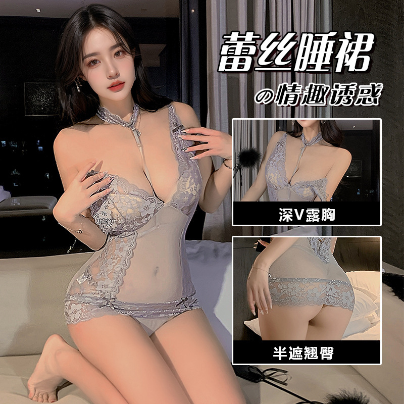 Sexy Underwear Women's Abstinence Style Pure Desire Perspective Mesh Lace Sling Inner Strap Deep V Nightgown Backless Sexy Underwear Women's Abstinence Style Pure Desire Perspective Mesh Lace Sling Inner Strap Deep V Nightgown Backless