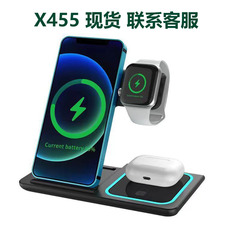 X455源厂爆款跨境三合一无线充电器爆款桌面折叠手机支架无线充