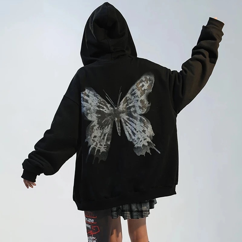 Dames vest met capuchon rits en vlinderprint van fleece_voghion.com