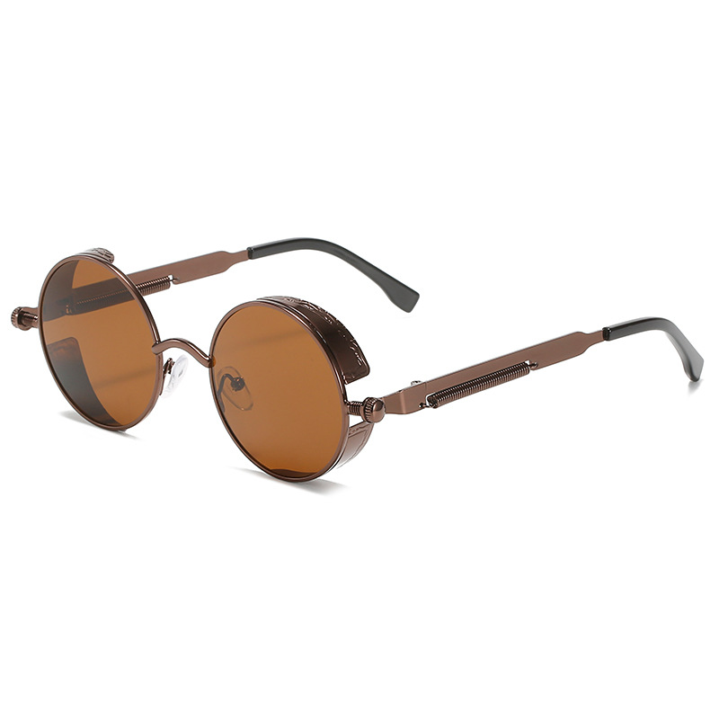 Cross-Border Popular Steampunk Metal Sunglasses Retro Metal Frame Sunglasses Round Thick Frame Spring Temple Sun