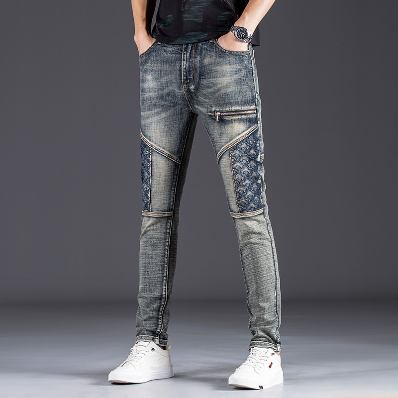 Style, personality, men's fashion, jeans, patchwork, nostalgic, elastic, small leg pants_voghion.com