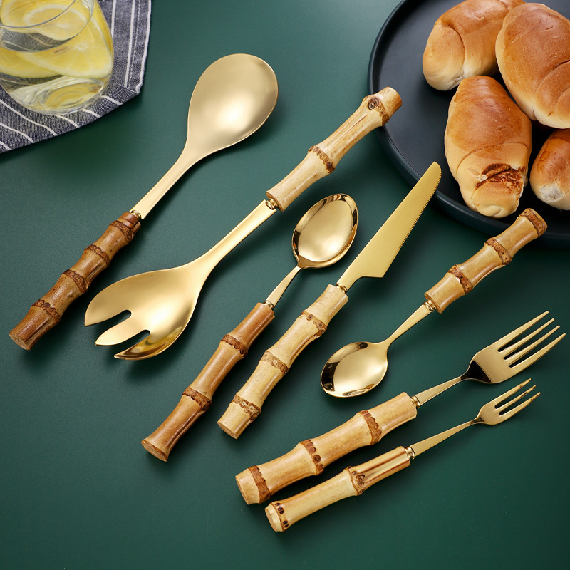 Cuchillo de bambú transfronterizo 304 Cuchillo, tenedor, mango de bambú natural, cuchara, tenedor, bistec, juego de tenedor, vajilla de acero inoxidable