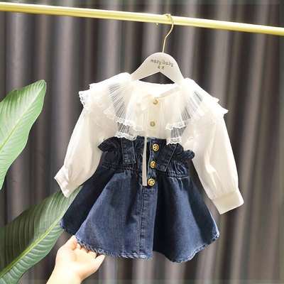 1-6 Years Old Baby Girl Fashionable Long-Sleeved Shirt Denim Strap Skirt Two-Piece Suit Girl dress Spring Summer Autumn