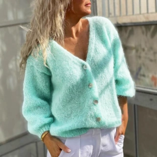 2025秋冬欧美亚马逊跨境新款女装深v领纯色纽扣开衫针织毛衣外套
