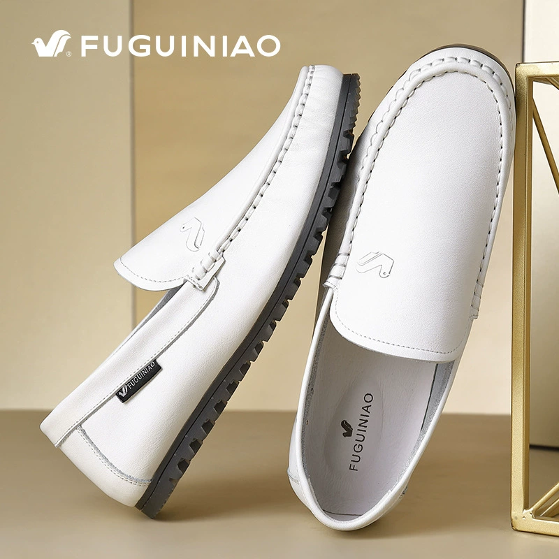 Rich Bird Low Four Seasons Black White yellow spot Single -layer leather bean shoes Male round head flat heel leather single shoes
