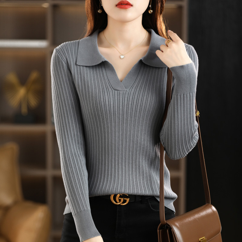 Mercerized cotton POLO collar lapel long sleeve knitted bottoming shirt Women's slim-fit warm western-style age-reducing all-match inner sweater Mercerized cotton POLO collar lapel long sleeve knitted bottoming shirt Women's slim-fit warm western-style age-reducing all-match inner sweater