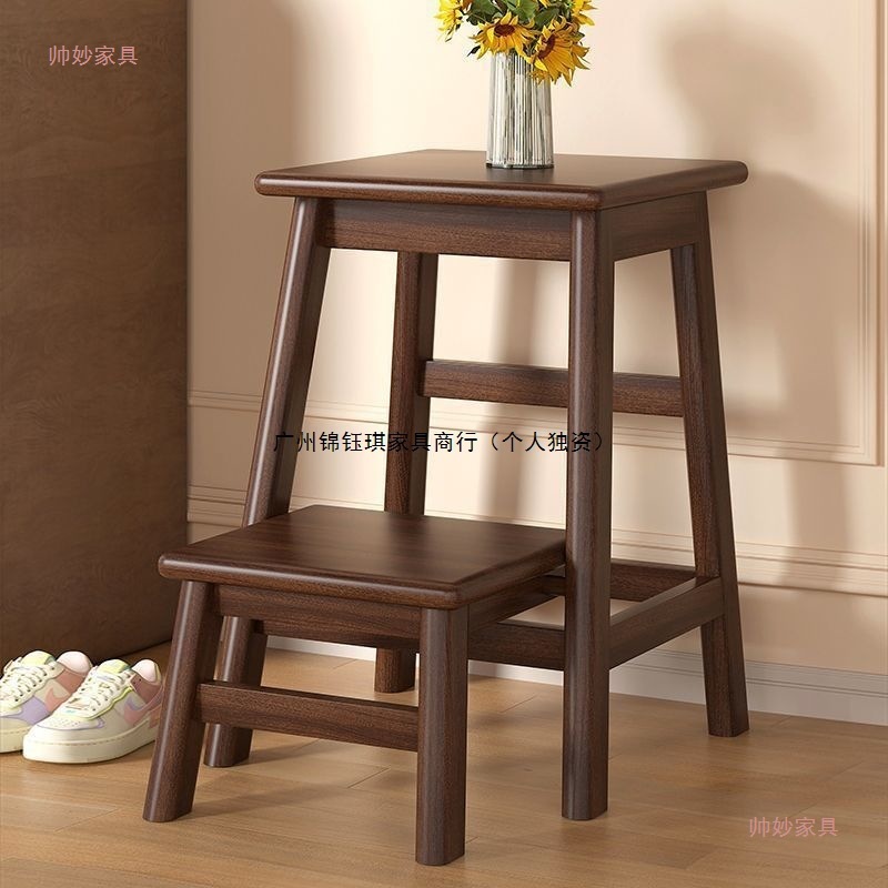 Solid Wood Ladder Stool Foldable Household Multi-Functional Living Room Kitchen Dual-Purpose Bench Climbing Living Room Stairs Shoe Changing Stool