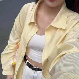 黄色ins韩系条纹衬衫女秋甜美设计感休闲宽松衬衣外套