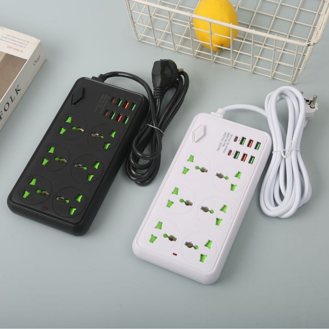 6USB+2Type-c智能办公室家用插排美规欧规英规万能孔彩盒外贸排插