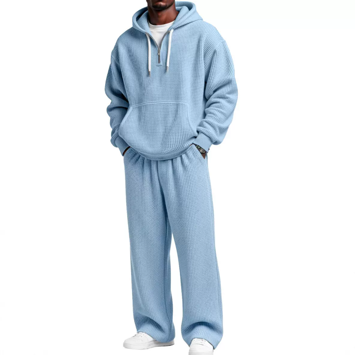 跨境亚马逊爆款秋冬华夫格连帽卫衣卫裤套装3D印花休闲运动套装男