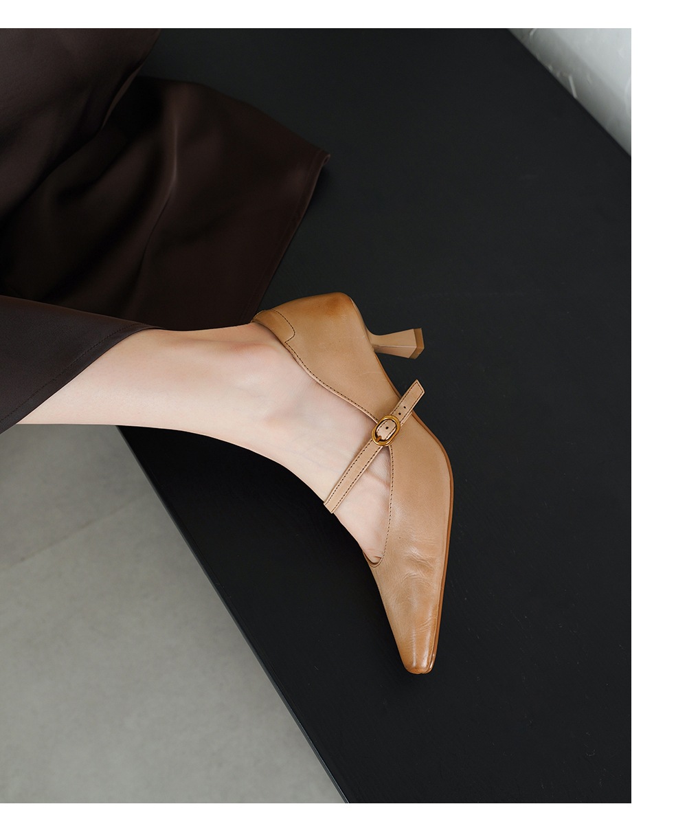 Sandal cao gót nữ quai ngang mũi nhọn da bò cổ điển gót 9 cm — đen chi tiết 9