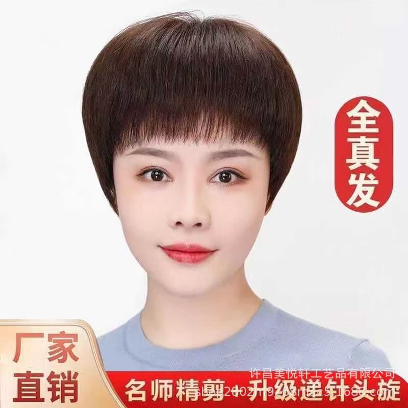 Middle-Aged and Elderly Women's Full Head Wig, Full Human Hair Elastic Mesh, Summer Lightweight Simulated Scalp Short Hair Mother's Style