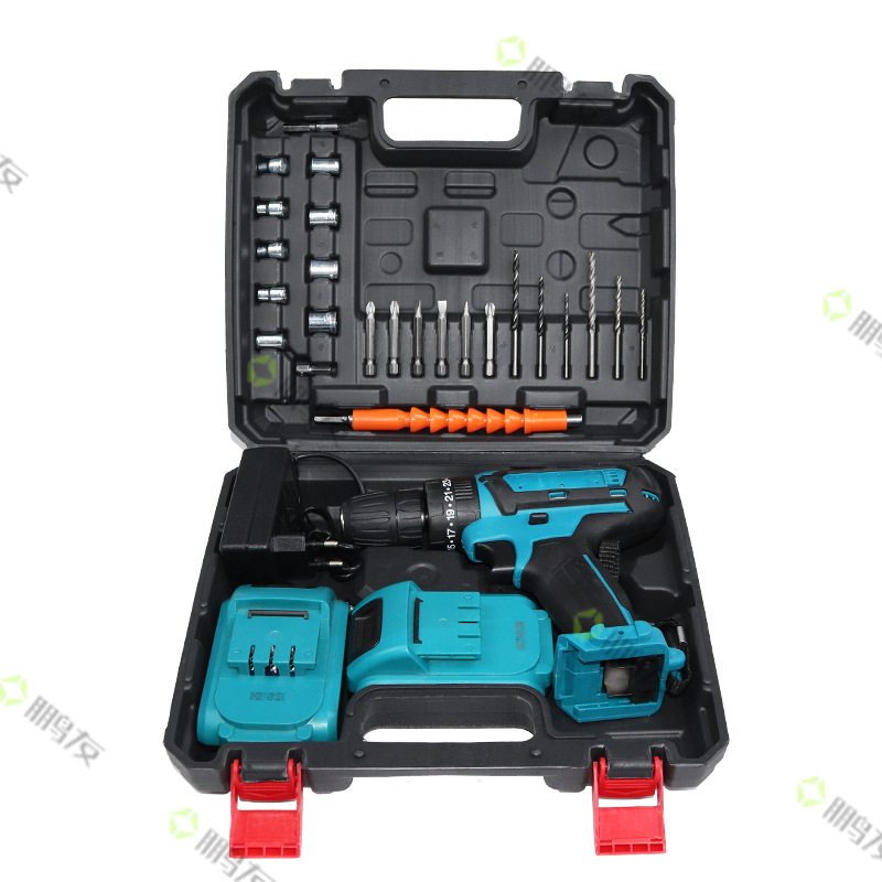 Taladro de mano de impacto eléctrico transfronterizo, destornillador, taladro de litio, taladro de carga de batería de litio de doble velocidad multifuncional