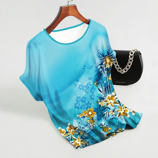 Foreign Trade Cross-border 2025 Summer New Ice Silk Positioning Printed T-shirt Loose Belly Covering plus size Base Shirt Top for Women