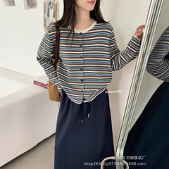 复古风撞色条纹针织开衫女25秋冬慵懒风韩系软糯宽松毛衣外套E81