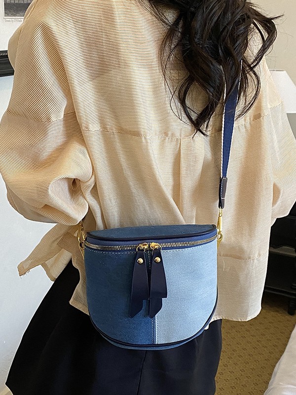 Cross-border bolsos de denim de color contrastante 2026 nuevo nicho de textura superior versátil mochila de hombro