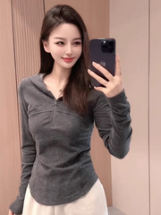 欧货连帽纯色长袖T恤女2025夏季新款修身显瘦百搭洋气减龄小上衣