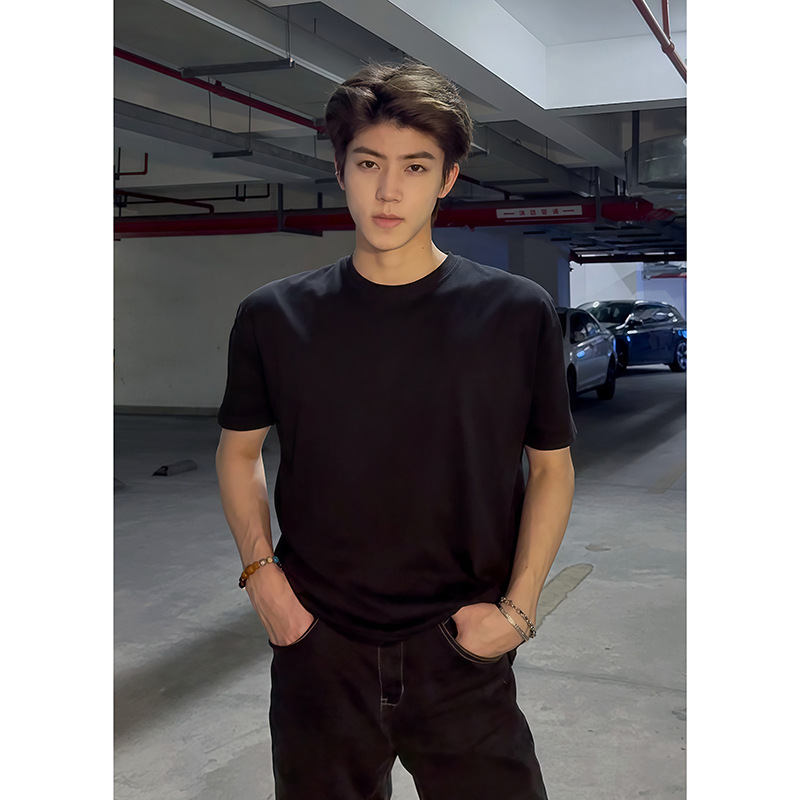 Pure Black Short-Sleeved Men's Summer American Style Handsome High-End T-Shirt Pure Cotton Heavy Stiff Right Shoulder Slim Half-Sleeve