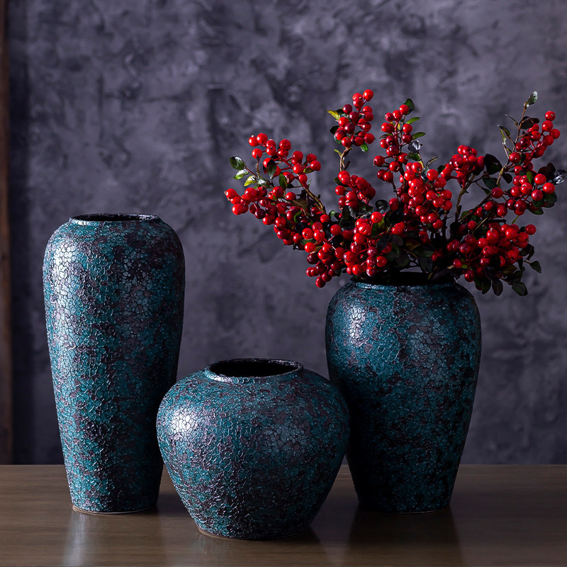 Jingdezhen Ceramic Dried Flower Vase Japanese-Style Decorative Ornaments Living Room Home Creative Retro Pottery Flower Arrangement Vessel