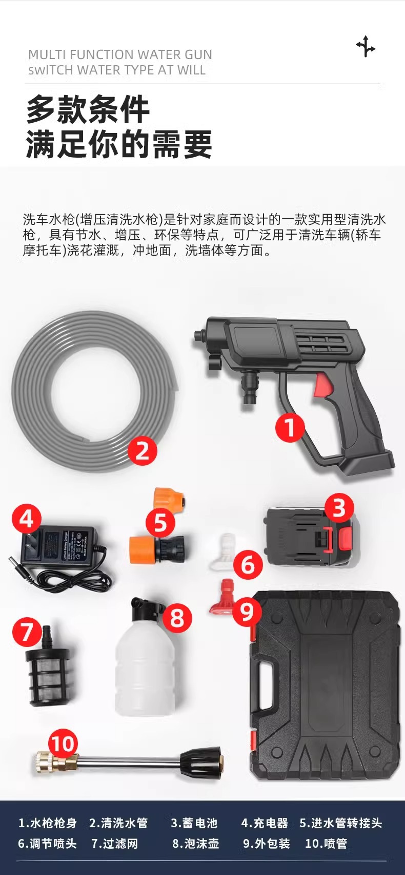 Portable high-voltage wireless water gun car washing artifact electric car washing machine dual-use lithium battery high-voltage car washing water gun
