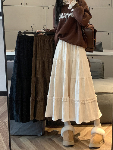 Korean Style Pleated Semi-Skirt for Women, Autumn/Winter New Arrival Satin Fringe High-Waist Slimming A-Line Medium-Length Umbrella Skirt, Instagram Style