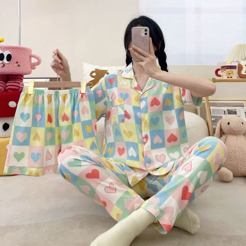 工場直販スリーピースパジャマ女性の薄いクラウドコットン漫画インターネットセレブ半袖ショーツズボンホームウェアセット|undefined