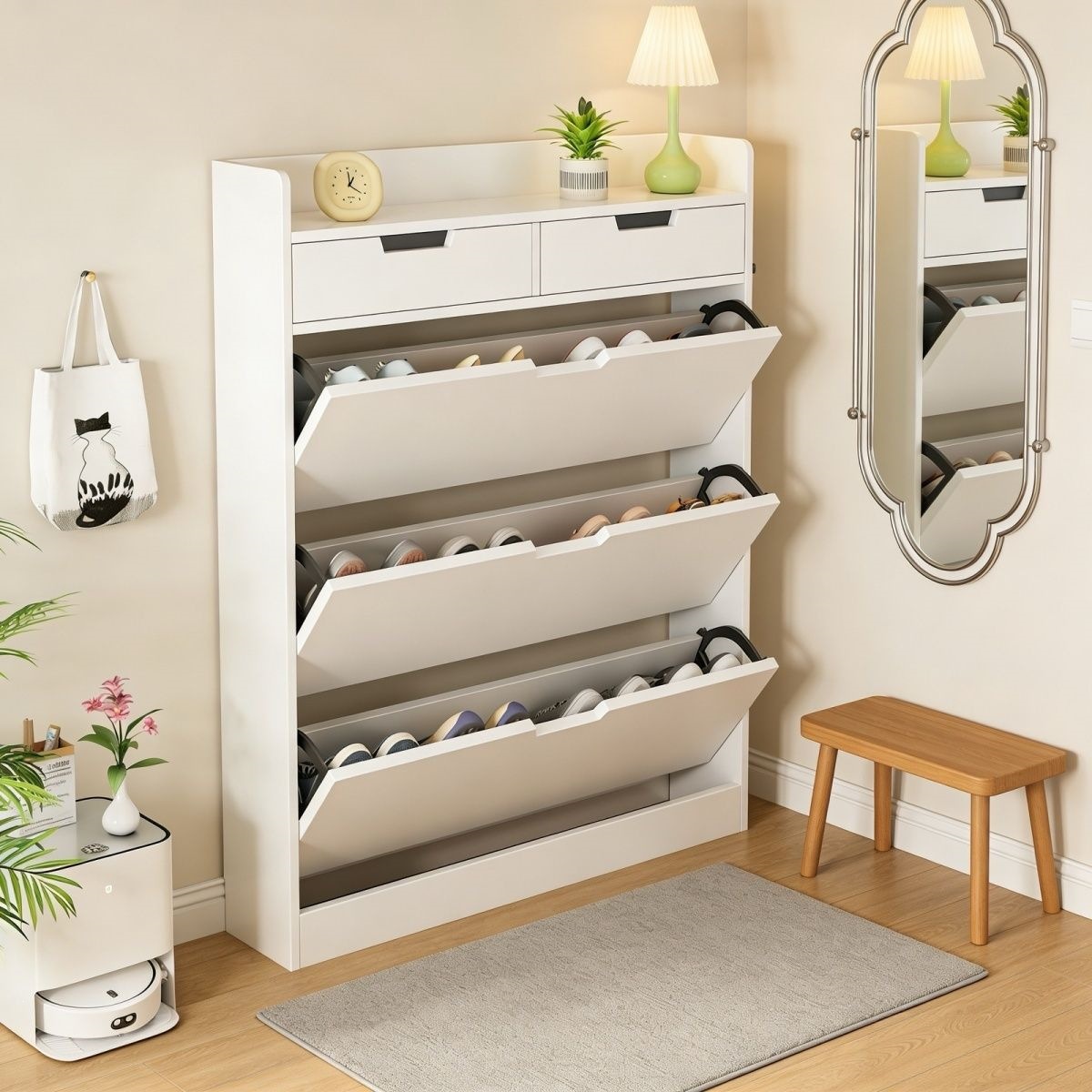 Ultra-Thin Shoe Cabinet for Home Use, Solid Wood Shoe Cabinet for Entryway, Integrated Cabinet Shoe Cabinet for Hallway Outside the Door with Drawers