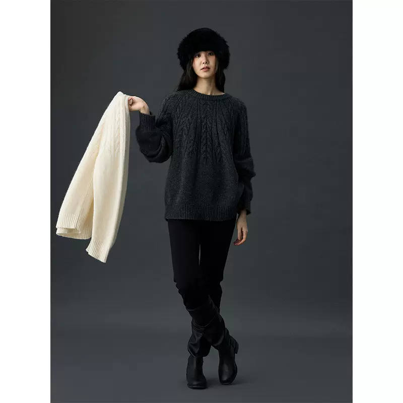 时简 质感之选 牦牛绒羊毛绞花轻盈毛衣冬保暖套头长袖上衣02171