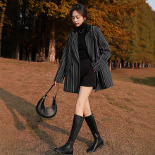 秋冬大码女装毛呢加棉西装外套女韩版胖mm200斤条纹加厚西服AA070