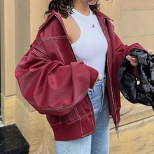 欧美跨境女装速卖通秋冬款宽松翻领美式复古时尚夹克拉链皮衣外套