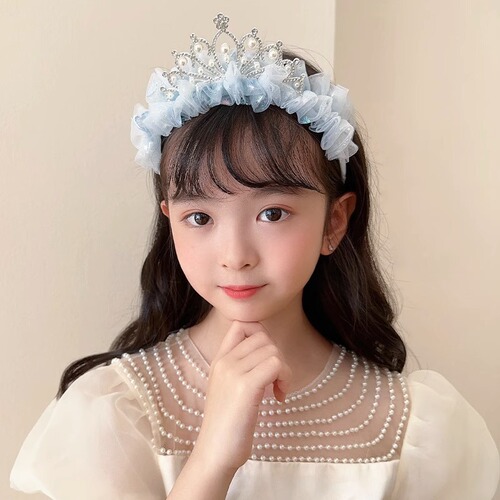 Princess style crown tiara little girl mesh bow pearl headband pleated lace embroidered headband hairpin