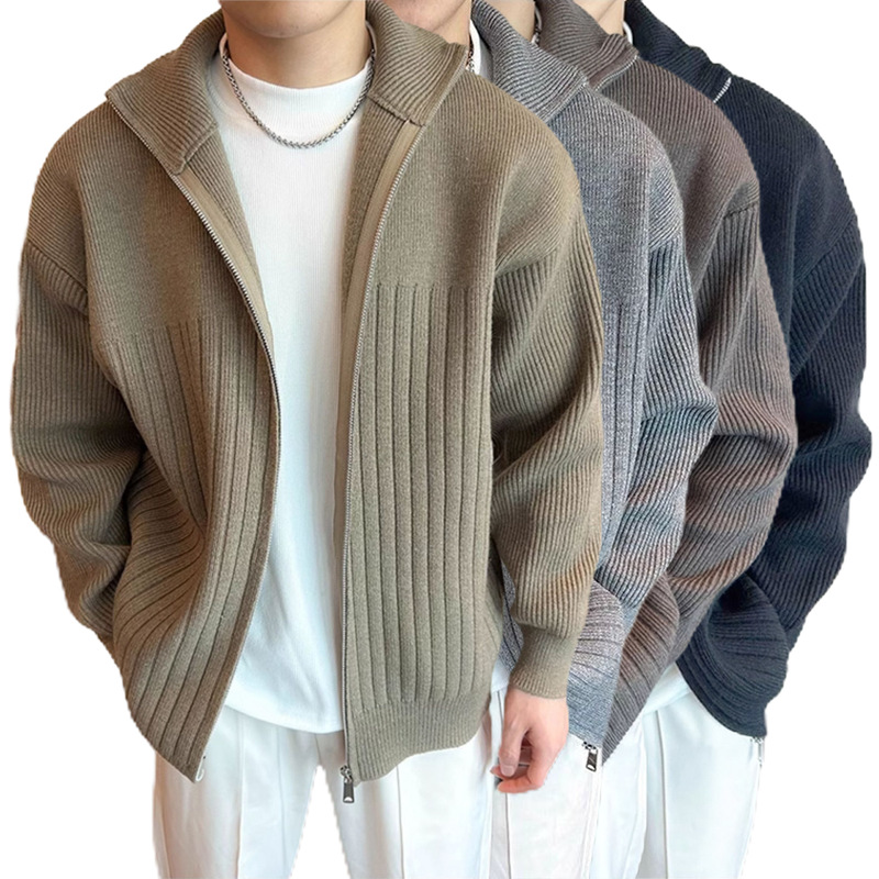 Cross-Border Popular European Size Large Cardigan Sweater Men's Striped Jacket Warm Business Factory Wholesale Cross-Border Popular European Size Large Cardigan Sweater Men's Striped Jacket Warm Business Factory Wholesale