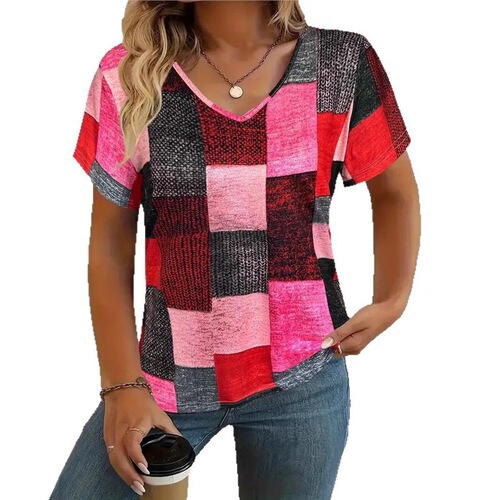 European and American TEMU new fashionable casual all-matching square pattern short-sleeved V-neck T-shirt for women