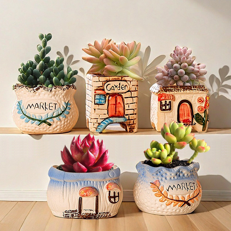 Creative and Personalized Succulent Flower Pots, Ceramic Coarse Pottery Breathable and Water-Absorbent Desktop Small Potted Green Plant Pots, Direct Supply from the Manufacturer