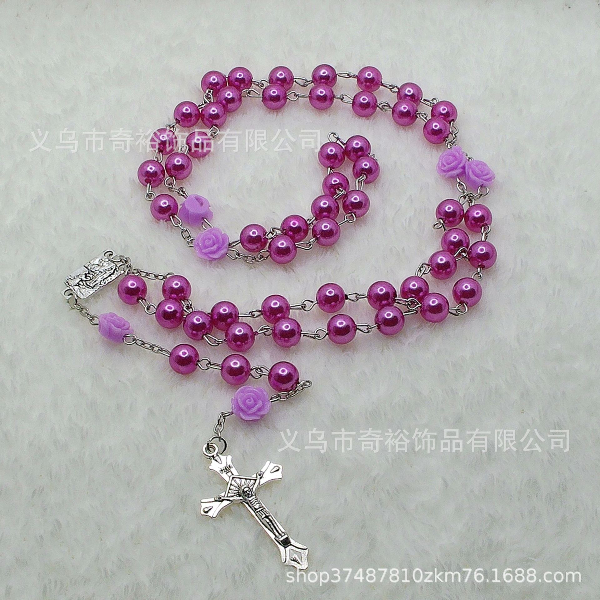 8mm仿珍珠加树脂玫瑰花十字架项链.念珠.毛衣链.饰品