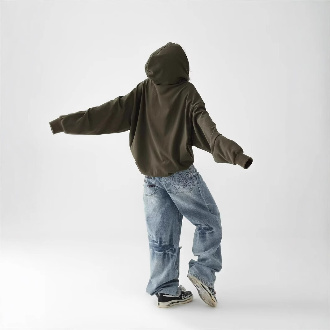 美式复古潮流破洞牛仔裤男款刮烂破坏宽松水洗直筒阔腿裤拖地长裤