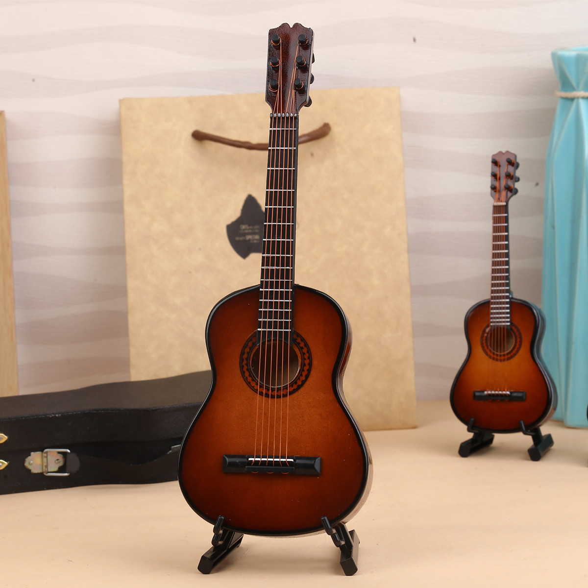 Mini Musical Instrument Coffee Color Classical Guitar Model Ornaments Miniature Musical Instrument Violin Saxophone Creative Gift