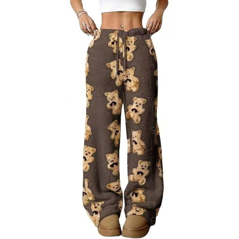 In-Stock Autumn and Winter Amazon Aliexpress Tk Cross-Border Thickened Casual Fashion Printed Loose Wide-Leg Plush Pajama Pants