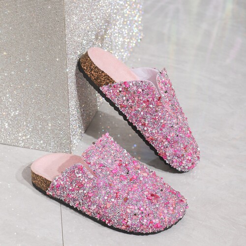 Baotou Pointed Toe Slipper with Glitter for Women, Half-House Slipper, Adult Soft Cork Shoes, Comfortable Leisure, Non-Slip, European and American Style