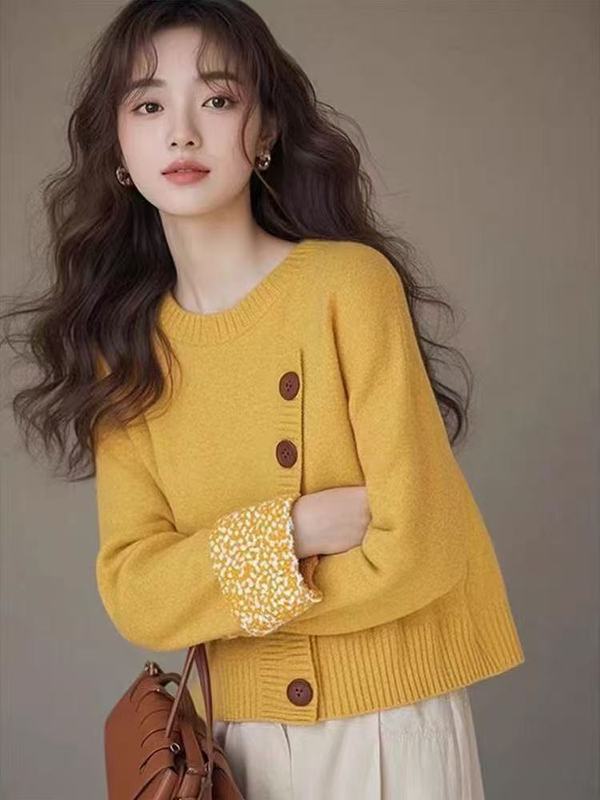 跨境法式韩系小香风拼接毛衣女2025早秋新款设计感粉色斜扣针织衫|undefined