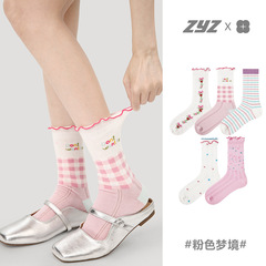 文藝復興拼接襪子女中筒夏季薄款網眼透氣木耳邊圓點條紋ins女襪
