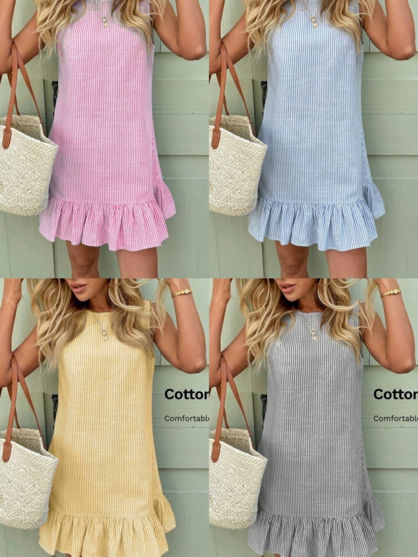 Women's Breathable Linen Blend Sleeveless Dress Ruffled Hem Autumn Stripes Flowy A-Line Midi Dress for Autumn_ecoleips.com