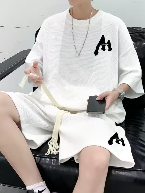 Traje de verano de los hombres de moda de todo fósforo de color sólido casual de manga corta Camiseta waffle Top marca de moda coreana ins shorts