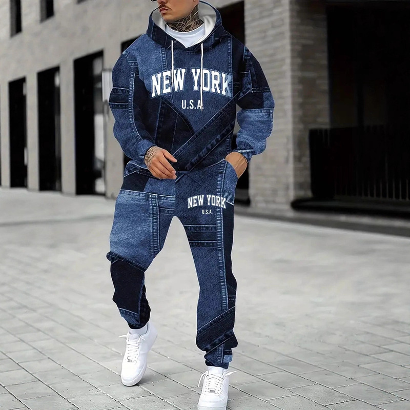 Men's Autumn Letter Denim Effect Hooded Sweatshirt Fashion 3D Printing Denim-Look Manufacturer Direct Sale