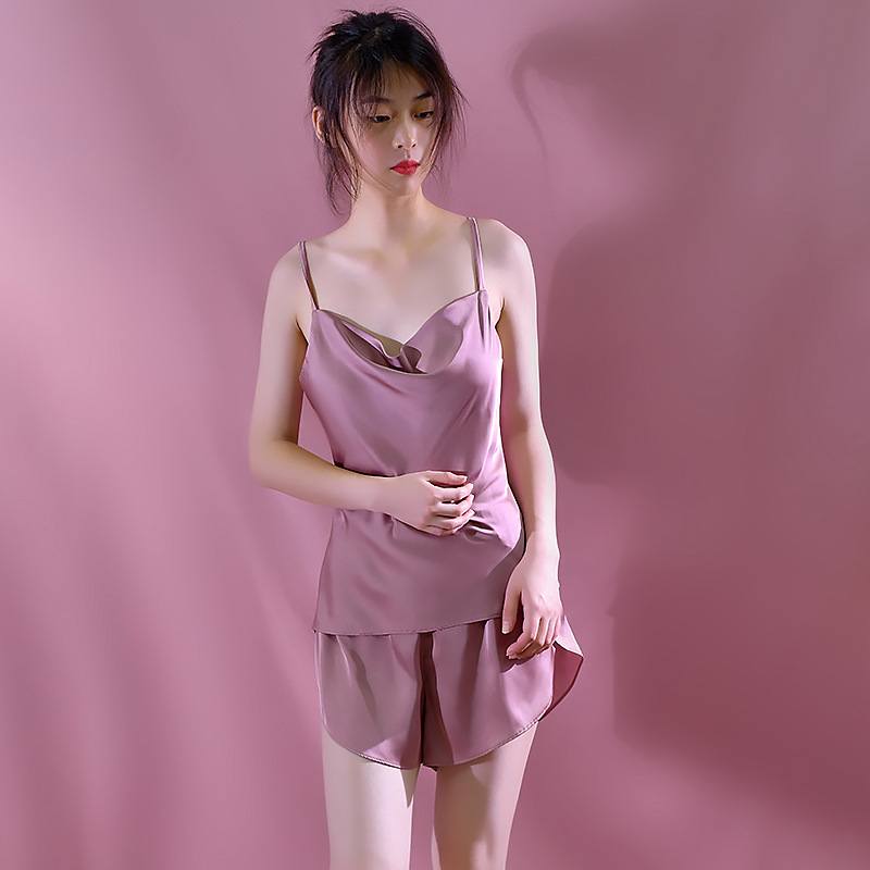 Simulated Silk Sexy Pajamas, Ice Silk Satin Home Clothes, Swing Collar Halter Shirt, Shorts Set, Slit Shorts Two-Piece Set