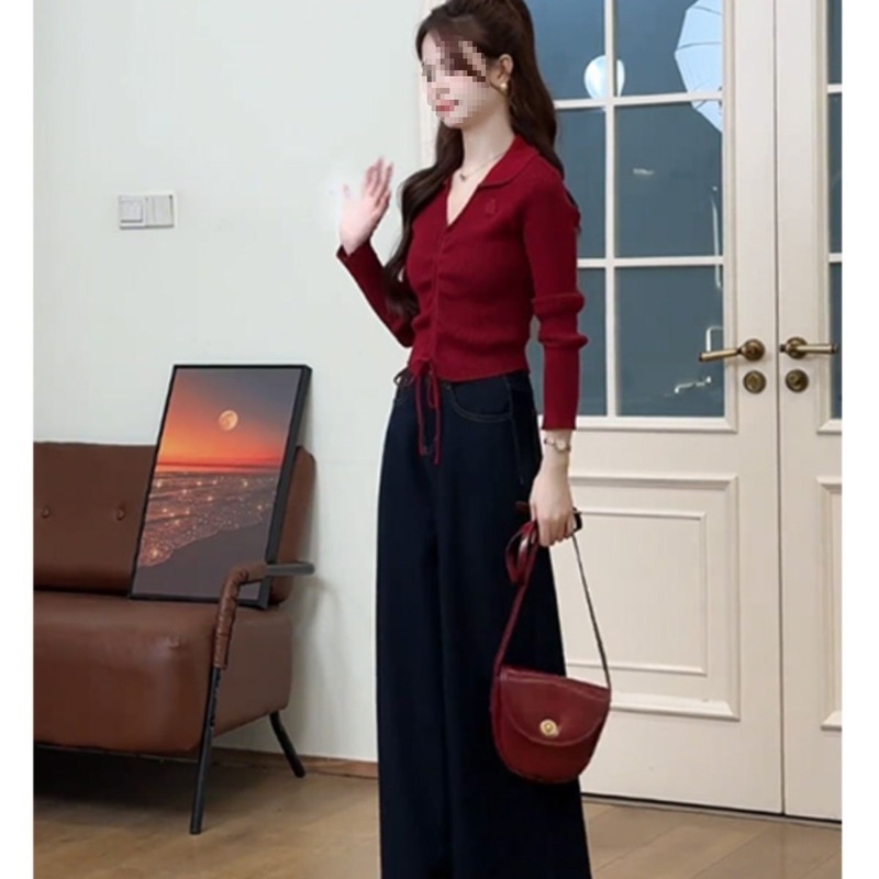 修身气质红色针织衫女装早秋新款时髦长袖短上衣法式绝美毛衣|undefined